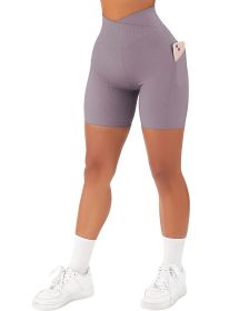 Women's Cross Sports Tight Short Belt Pockets (Option: Purple-2XL)