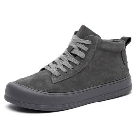 High-top Men's Genuine Leather Fashion Shoes Thick-soled Casual Board Versatile Martin Booties (Option: Gray-40)